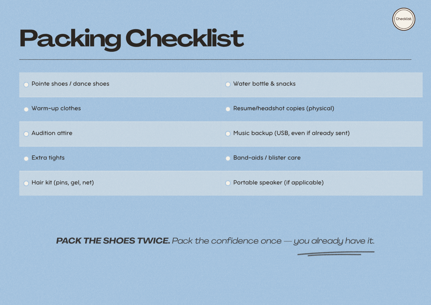 Packing checklist page